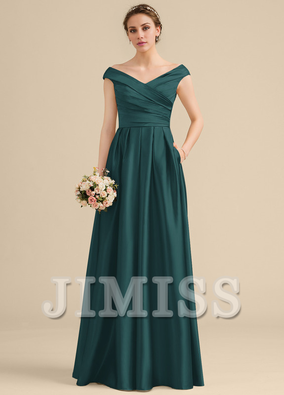 Vestido de dama de honor de satén con volantes, corte A, hombros descubiertos y largo hasta el suelo