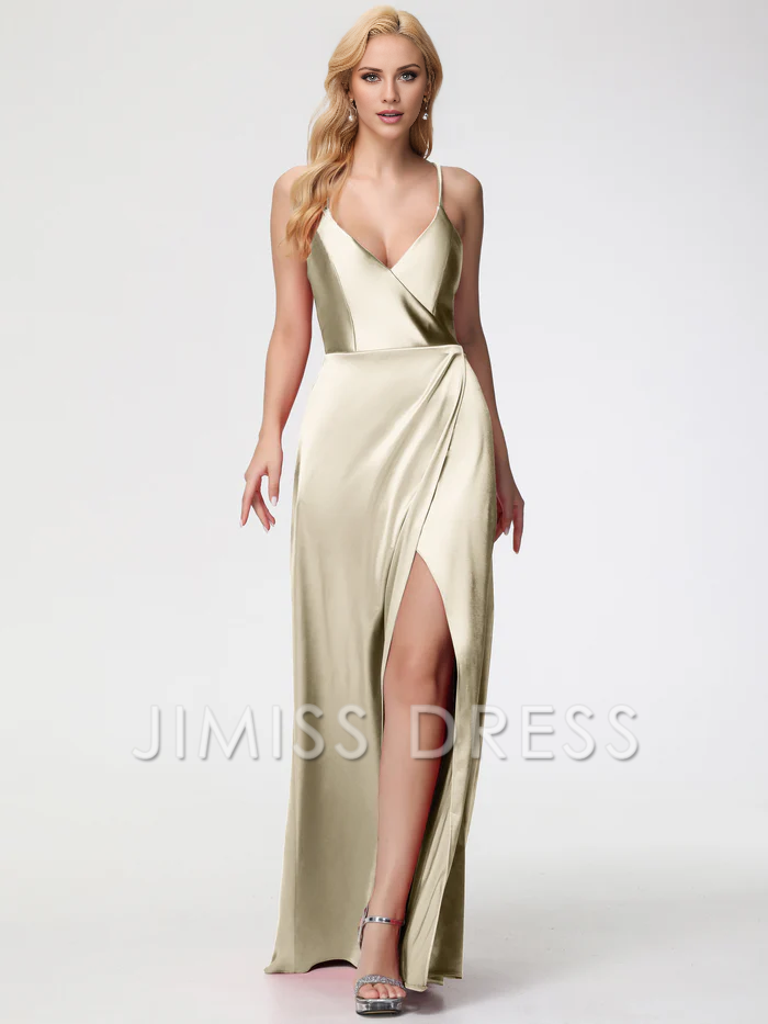 Vestido de fiesta de satén con escote en V y espalda con cordones de Jimiss