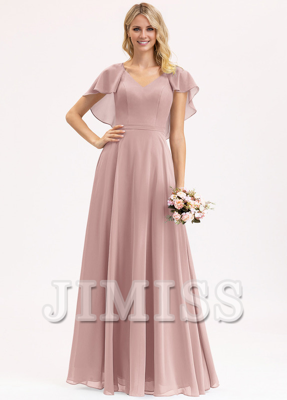 Vestido de dama de honor de gasa con escote en V, volantes escalonados y largo hasta el suelo