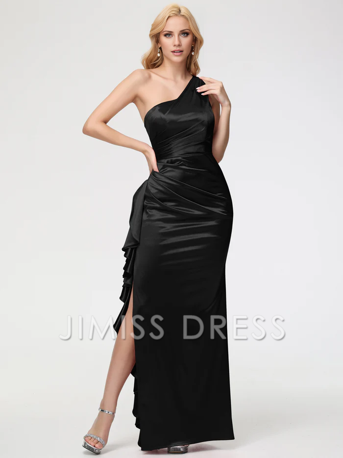 Vestido de fiesta Jimiss de satén con volantes, plisado, sin mangas y un solo hombro, corte trompeta/sirena