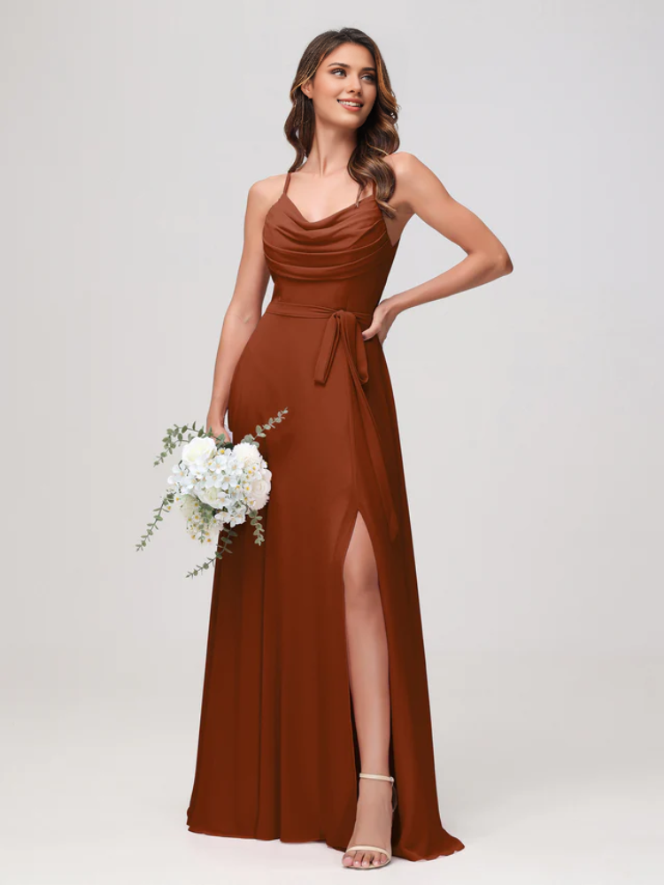 Olive Green Chiffon A-Line Floor-Length Dress with Cowl Neck and High Slit