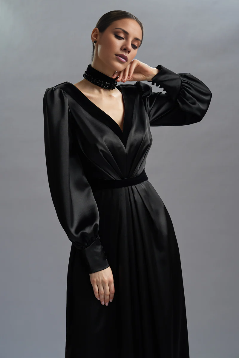Black Satin Puff Sleeve Draped A-Line Floor-Length Evening Dress