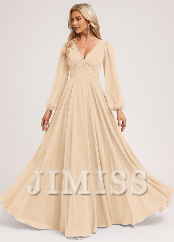 Abito da damigella d'onore in chiffon lungo fino al pavimento, con scollo a V e linea ad A