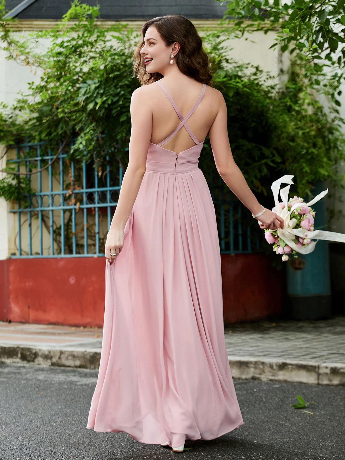 Pink Chiffon Pleated Bodice High Slit A-Line Floor-Length Bridesmaid Dress