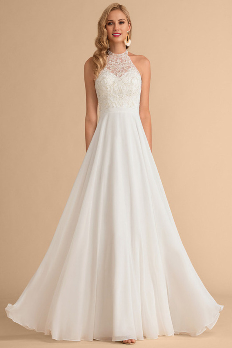 Ivory Chiffon A-Line Floor-Length Dress with Halter Neckline & Lace Bodice