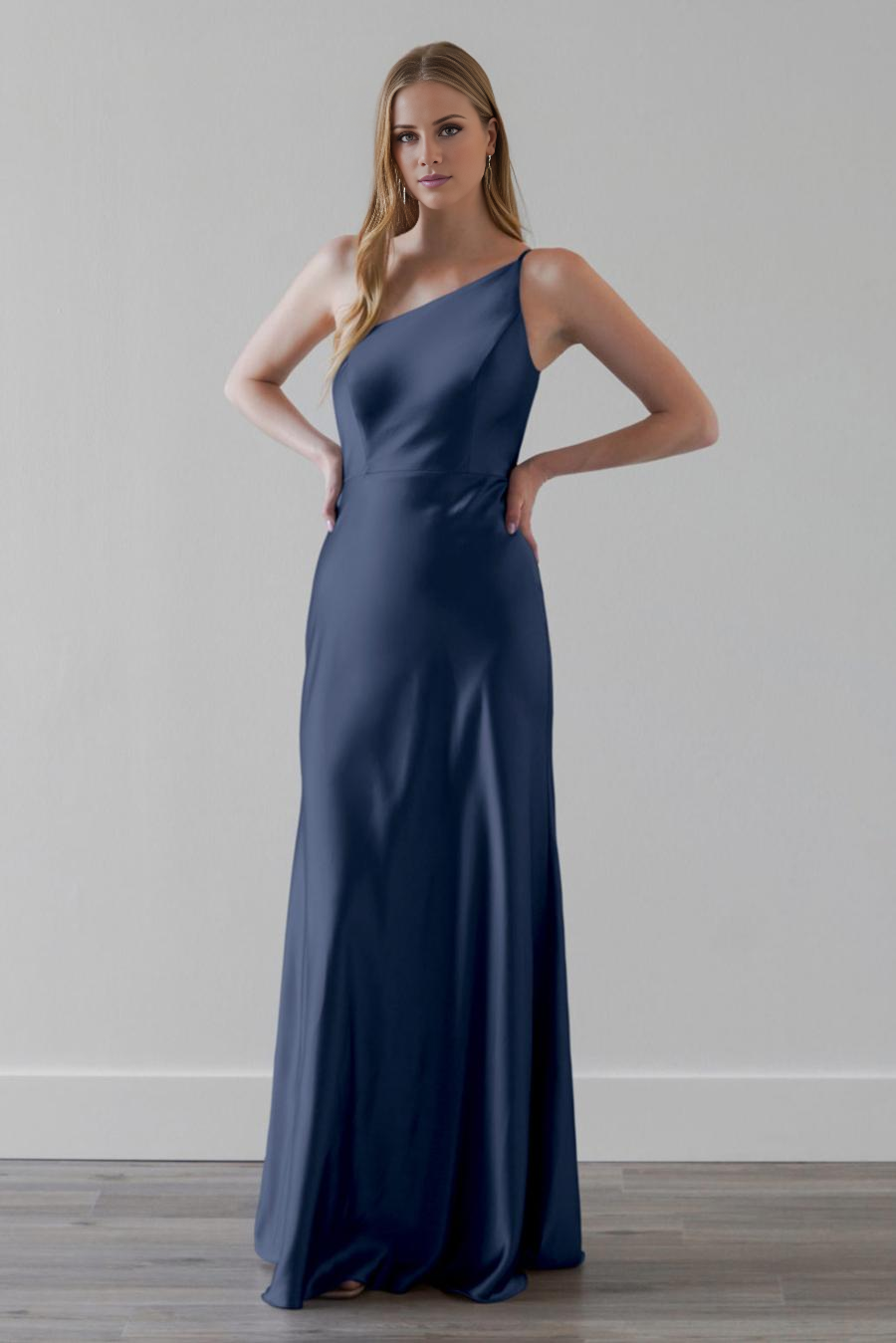 Vestido de noche Jimiss con cuello de un solo hombro, sin mangas y largo hasta el suelo