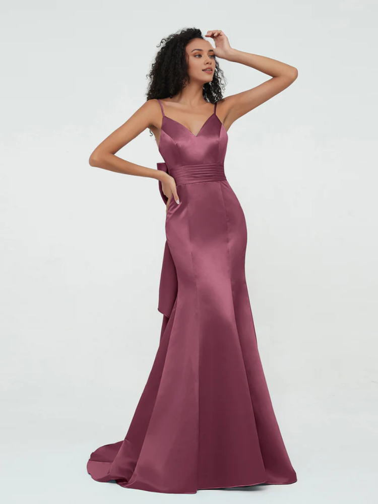 Olive Green Satin Mermaid Floor-Length Bridesmaid Dress with V-Neck & Bow