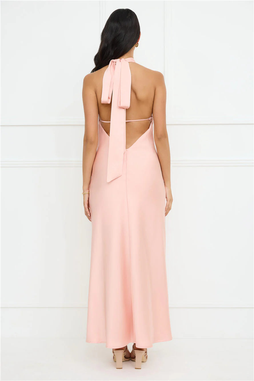 Vestido de fiesta largo Jimiss con escote halter y lazo de satén