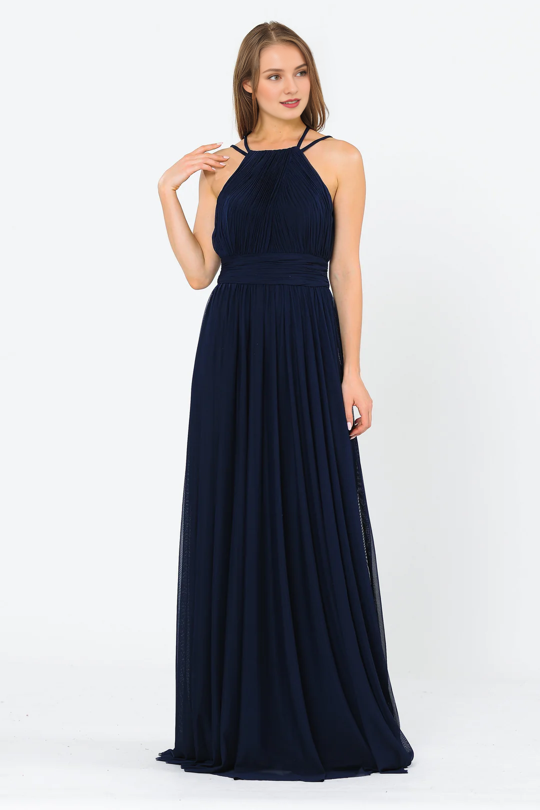 Dark Navy Chiffon A-Line Floor-Length Halter Bridesmaid Dress with Pleated Bodice