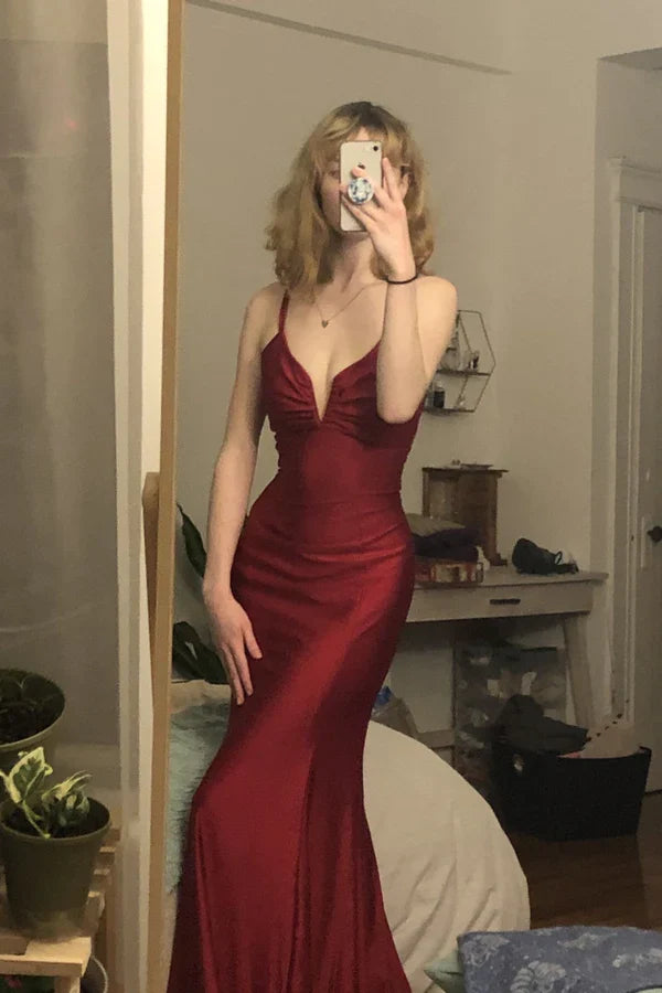 Vestido de fiesta largo con escote en V y tirantes en la espalda de sirena de Jimiss