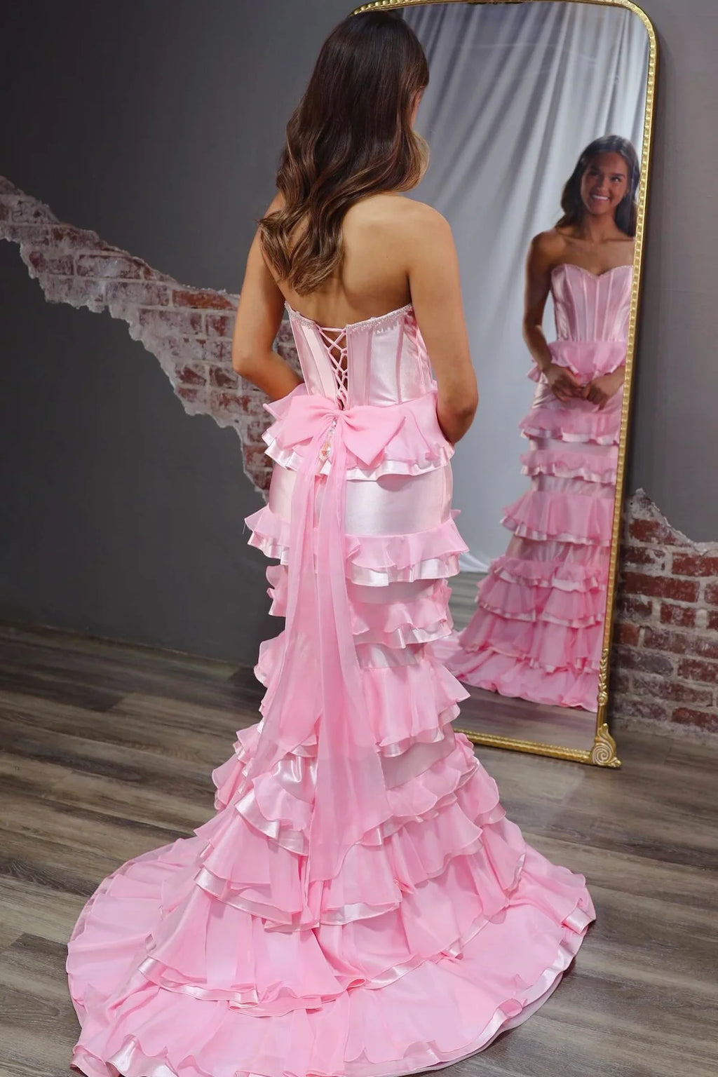 Pink Strapless Ruffled Tiered Mermaid Prom Gown
