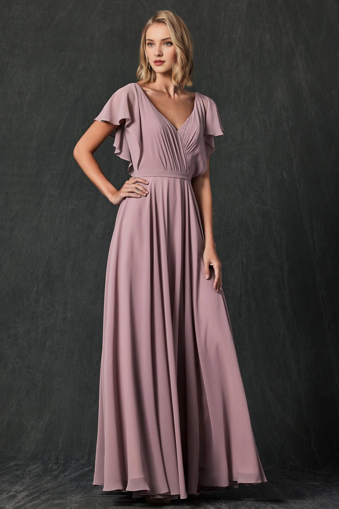Dusty Rose Chiffon A-Line V-Neck Floor-Length Bridesmaid Dress with Flutter Sleeves