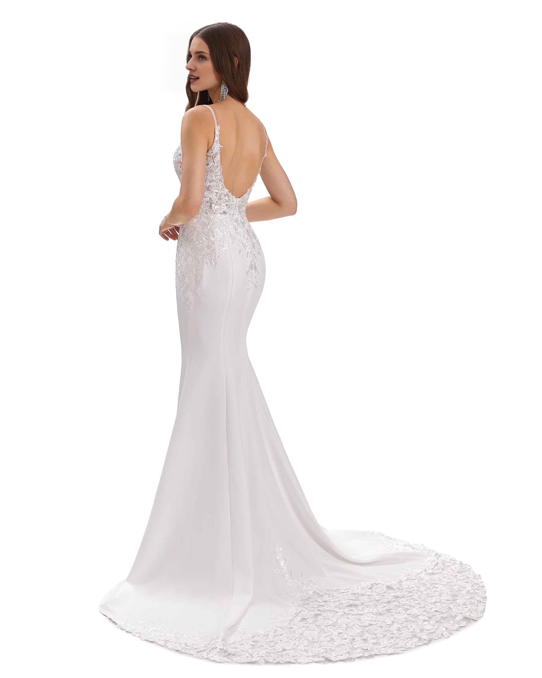 Vestido de novia sexy de sirena con tirantes finos y escote en V, de encaje ultra largo