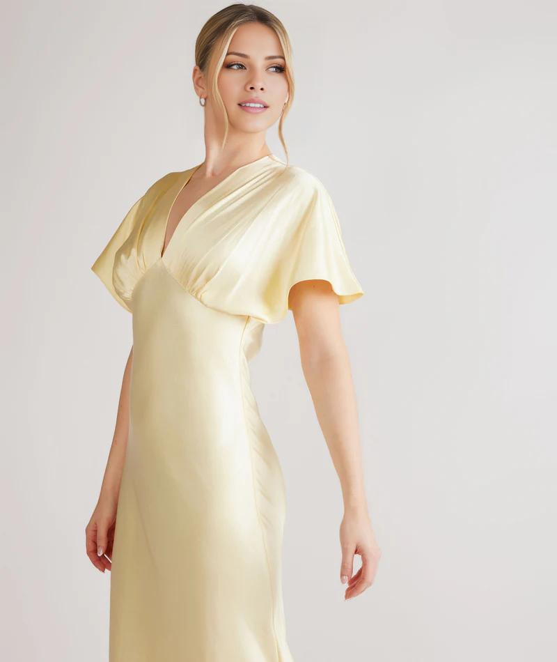 Vestido de fiesta Jimiss de satén con mangas murciélago, cuello en V y largo hasta el suelo