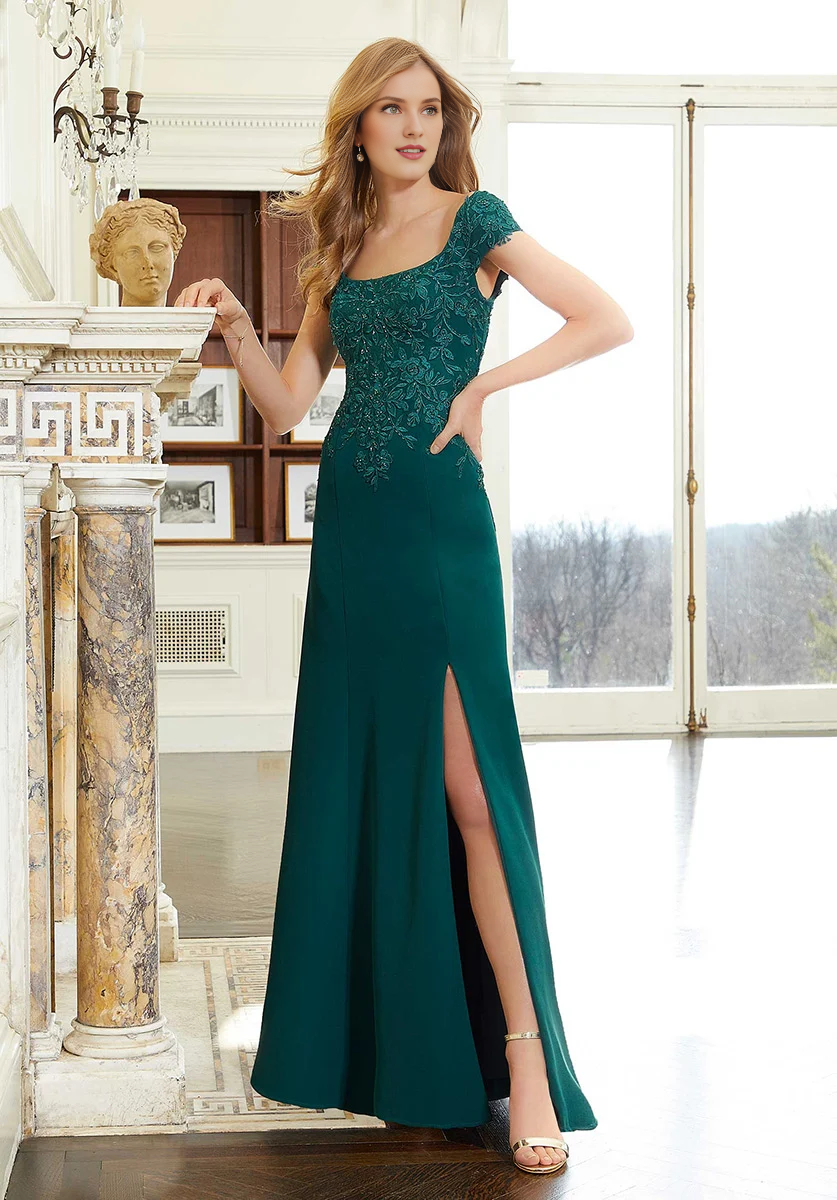 Burgundy Square Neck Sheath/Column Floor-Length Evening Dress with Embroidered Bodice & High Slit