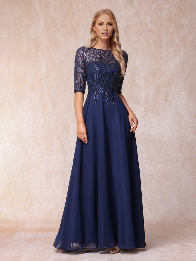 Dark Navy Sequin Bodice A-Line Chiffon Floor-Length Dress