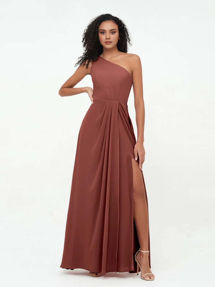 Olive Green Chiffon A-Line Floor-Length One Shoulder Dress with Draped Bodice and High Slit