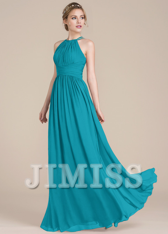 Vestido de dama de honor de gasa con escote redondo y corte A con diseño de hojas de loto