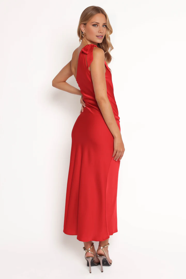 Vestido de fiesta largo de satén con cuello de un solo hombro y abertura lateral de Jimiss