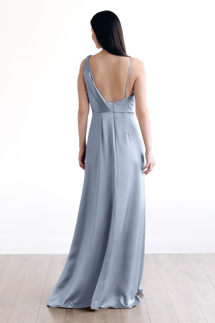 Vestido de noche Jimiss con escote asimétrico, hombros descubiertos, sin mangas, espalda descubierta y largo hasta el suelo