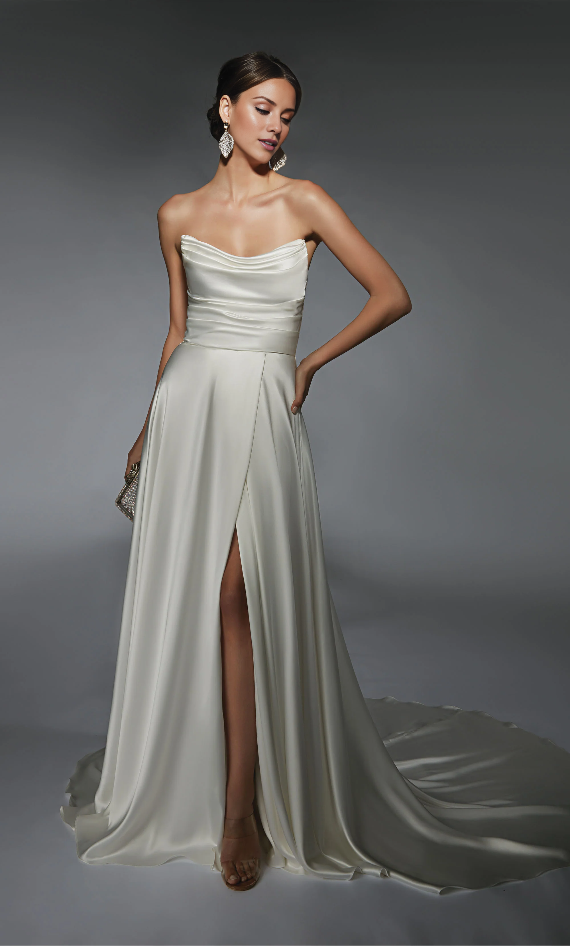 Perfect satin off shoulder straight tube backless slit trailing skirt wedding dress