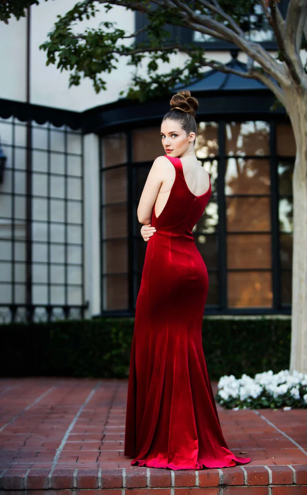 Deep V-neck backless slit and floor length Prom dress
