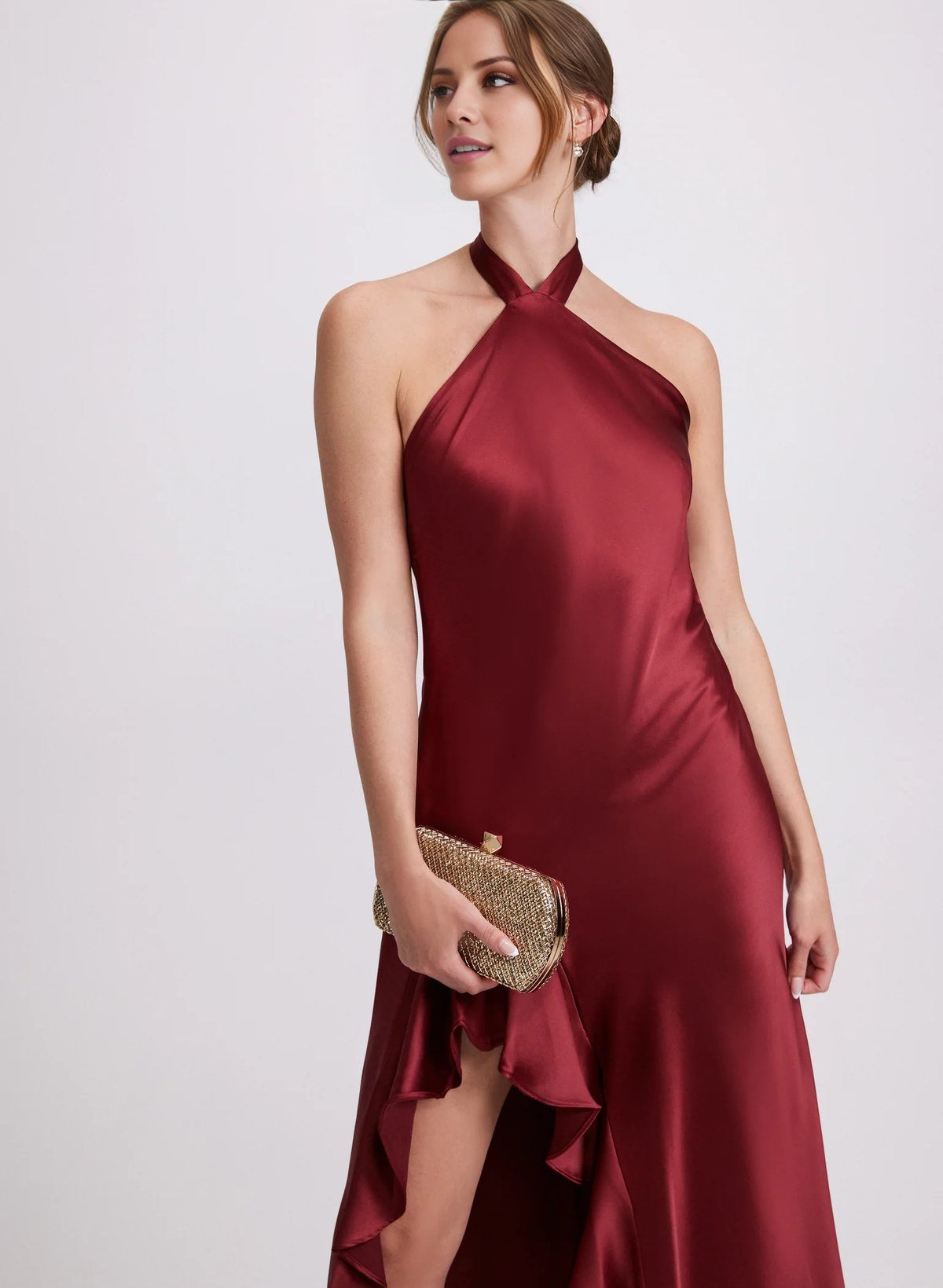 Vestido de fiesta largo de satén Jimiss con escote colgante, sin mangas, con volantes y abertura en el borde