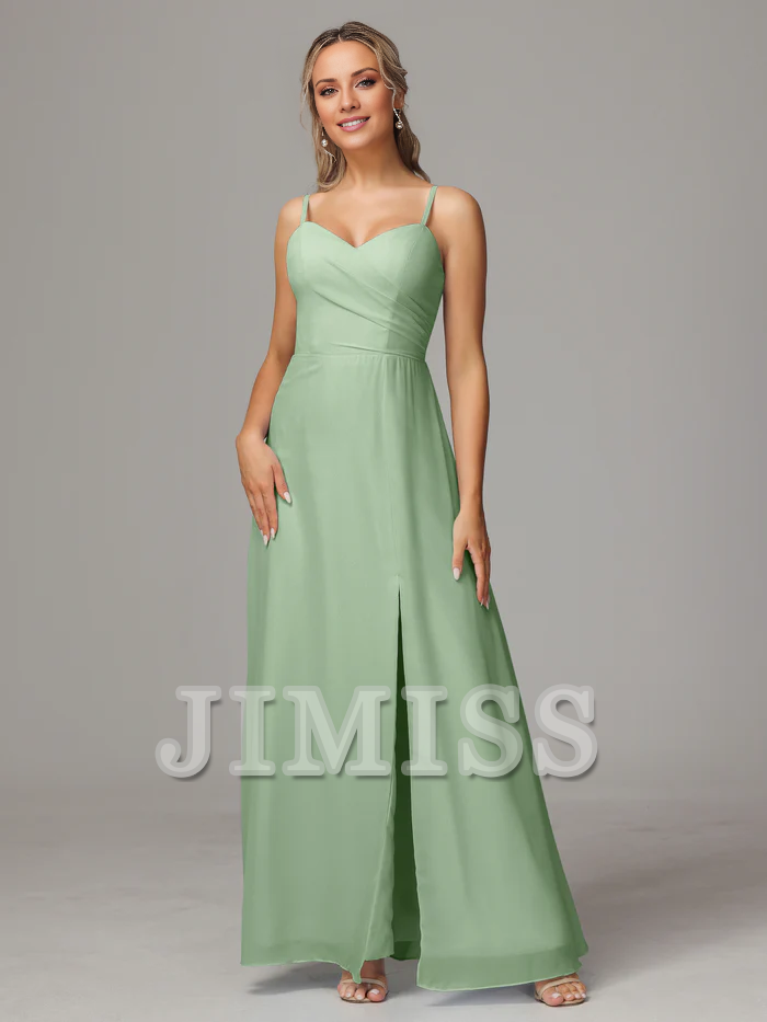 Vestido de dama de honor de gasa con escote en forma de corazón, tirantes finos y abertura lateral