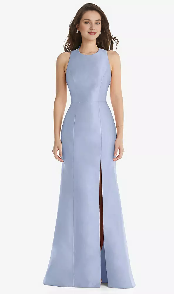 Vestido de fiesta con escote joya, mariposa, condensación en la espalda y abertura frontal tipo cuerno