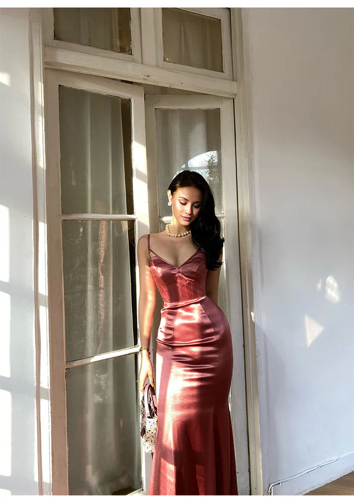 Vestido de fiesta Jimiss de satén con escote en V, sin mangas, tirantes finos y largo hasta el suelo