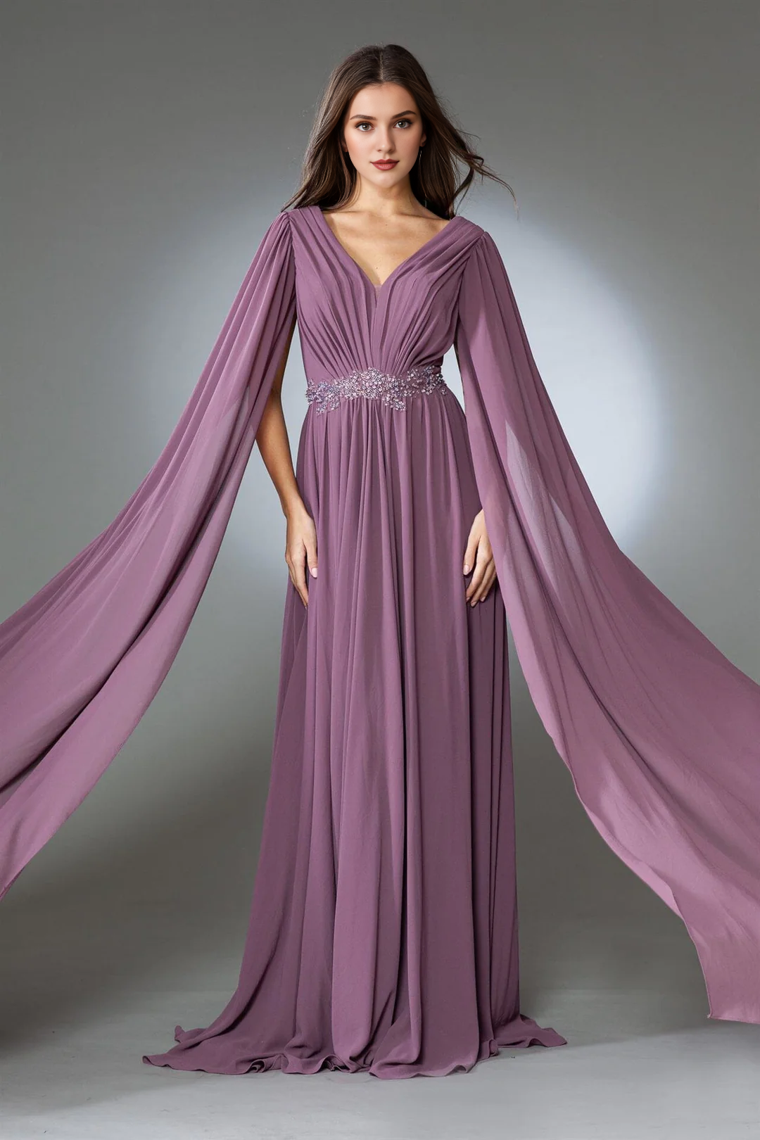 Long shawl sleeve V-neck chiffon dress paired with A-line skirt