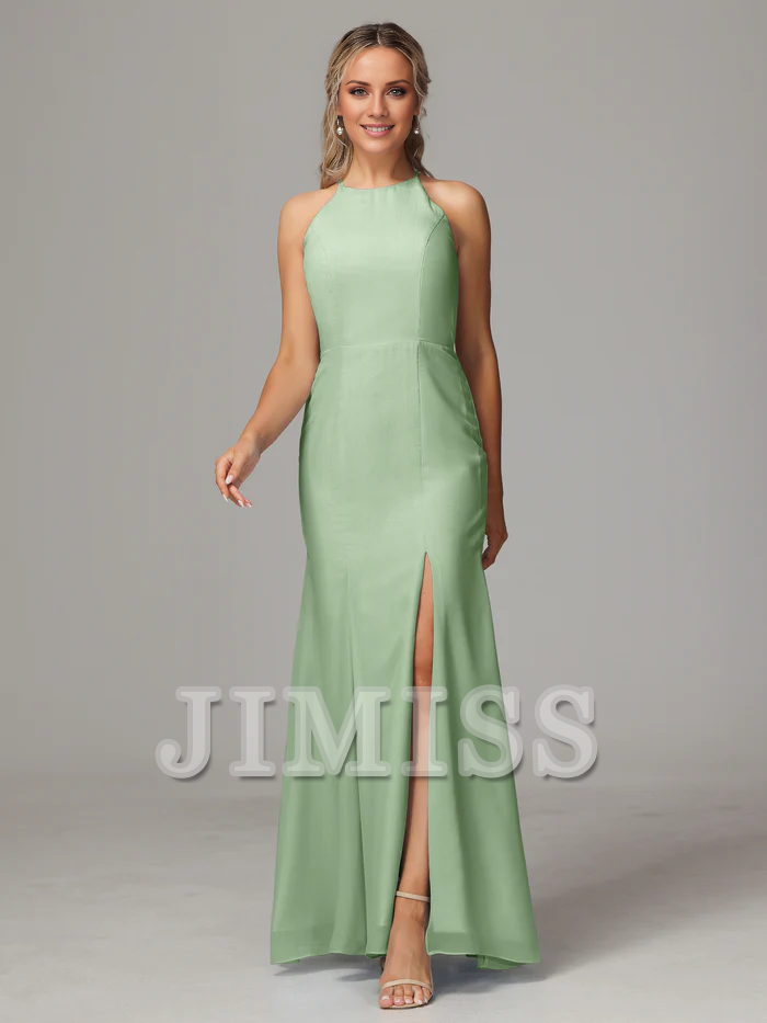 Vestido de dama de honor de gasa con escote colgante, espalda descubierta y abertura lateral