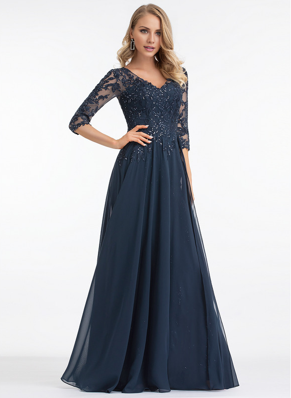 Dark Navy Lace & Chiffon A-Line Floor-Length Evening Dress with V-Neck and Sheer Sequin Sleeves