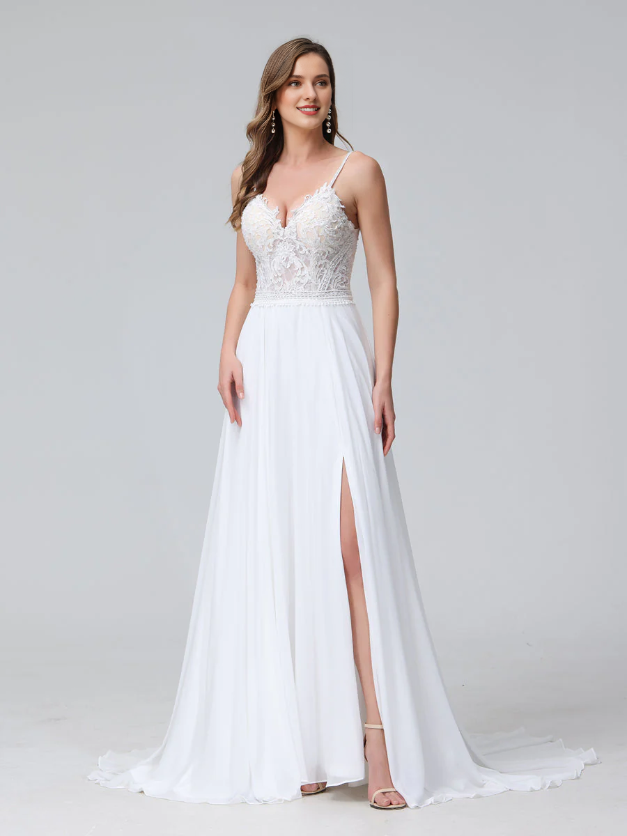 Vestido de novia largo de gasa sin mangas con escote en V y tirantes finos en forma de A