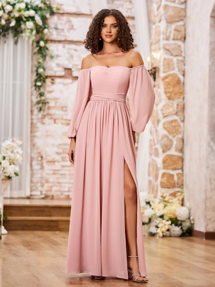 Blushing Pink Chiffon A-Line Off-the-Shoulder Floor-Length Dress with Ruched Bodice & High Slit