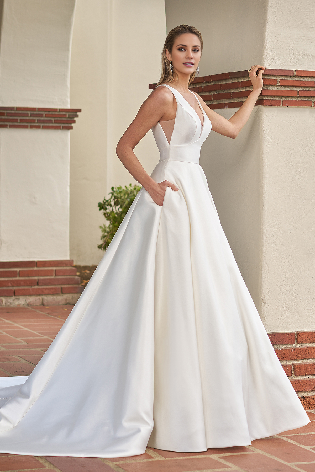 Ivory Satin A-Line Floor-Length Deep V-Neck Formal Dress with Pockets