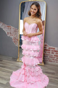 Pink Strapless Ruffled Tiered Mermaid Prom Gown