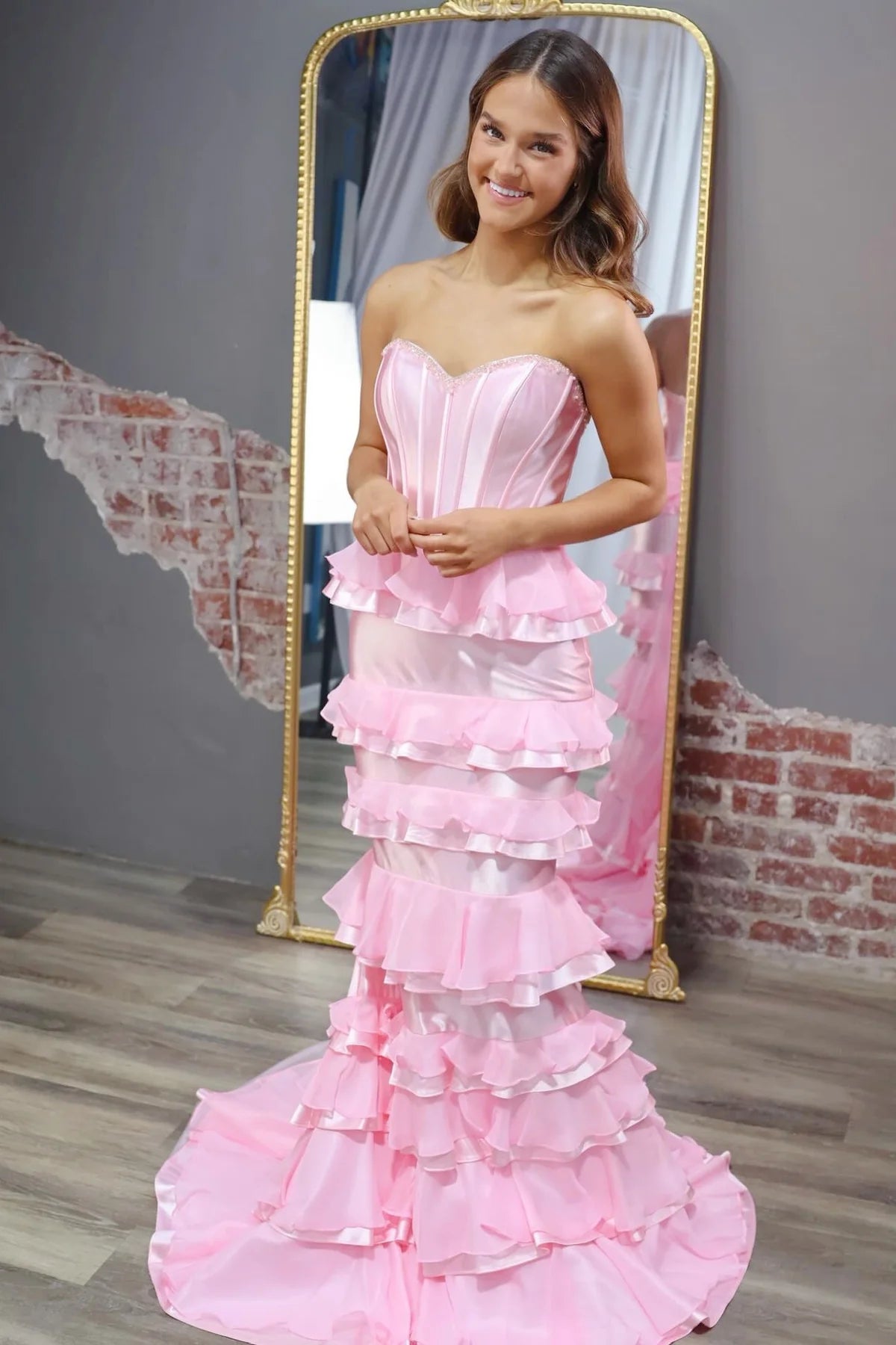 Pink Strapless Ruffled Tiered Mermaid Prom Gown