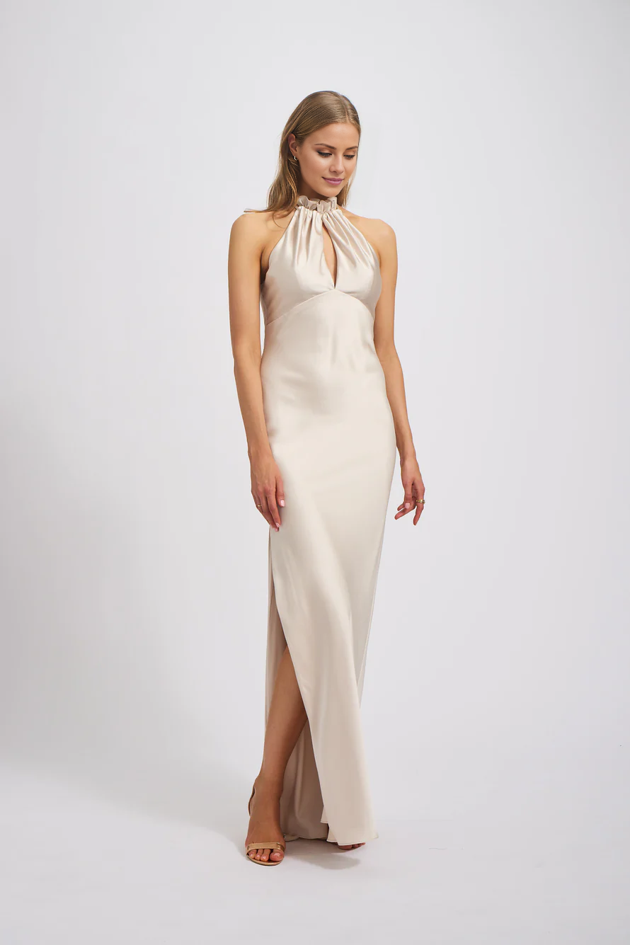 Vestido de fiesta Jimiss con escote halter, sin mangas, espalda descubierta, abertura lateral y largo hasta el suelo