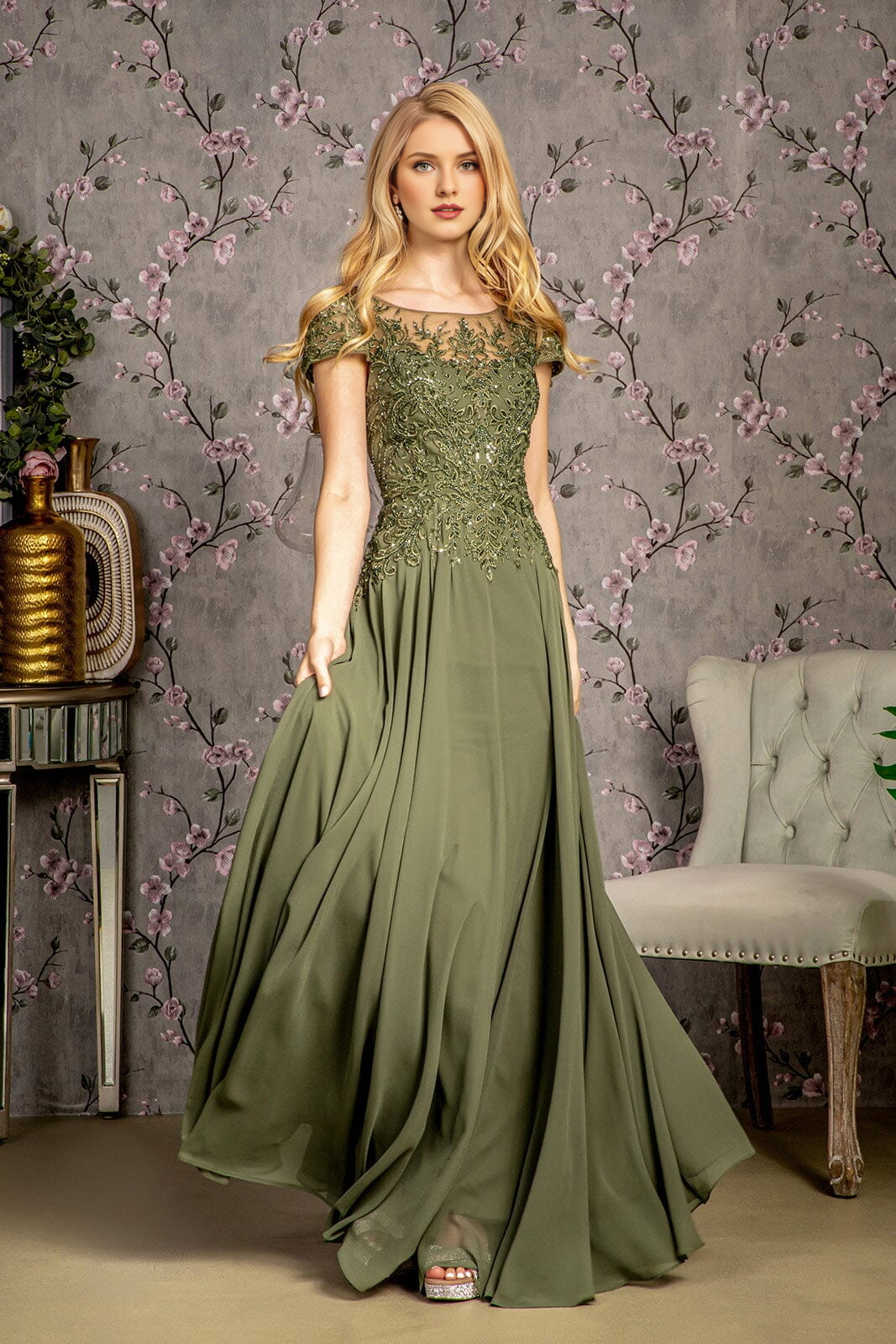 Olive Green Chiffon A-Line Floor-Length Evening Dress with Embroidered Bodice