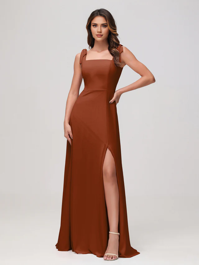 Olive Green Chiffon A-Line Floor-Length Bridesmaid Dress with Square Neck