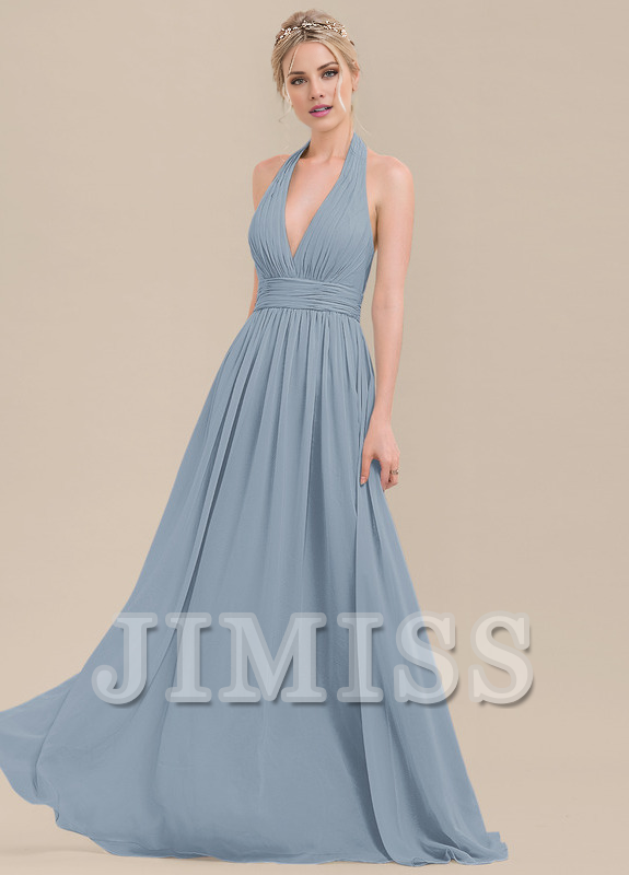 Vestido de dama de honor de gasa con volantes, corte A, cuello halter y largo hasta el suelo