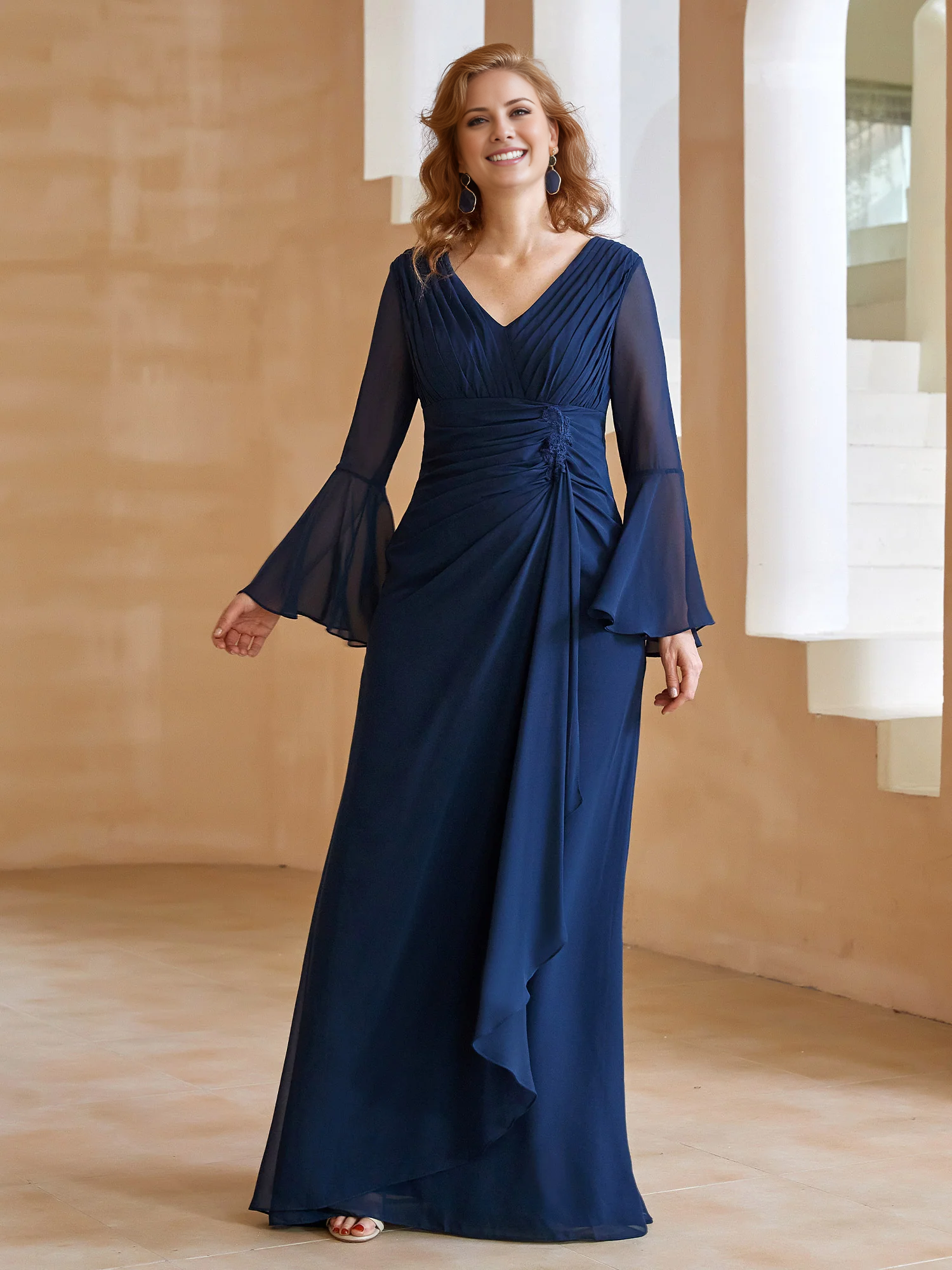Olive Green Chiffon A-Line V-Neck Bridesmaid Dress with Ruched Bodice & Bell Sleeves