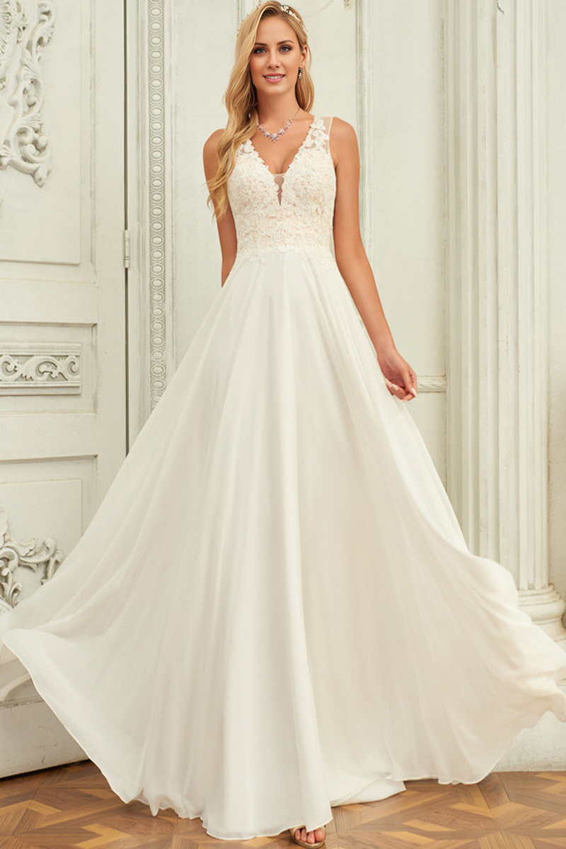 Abito da sposa in chiffon di pizzo senza maniche con scollo a V e scollo a V a trapezio