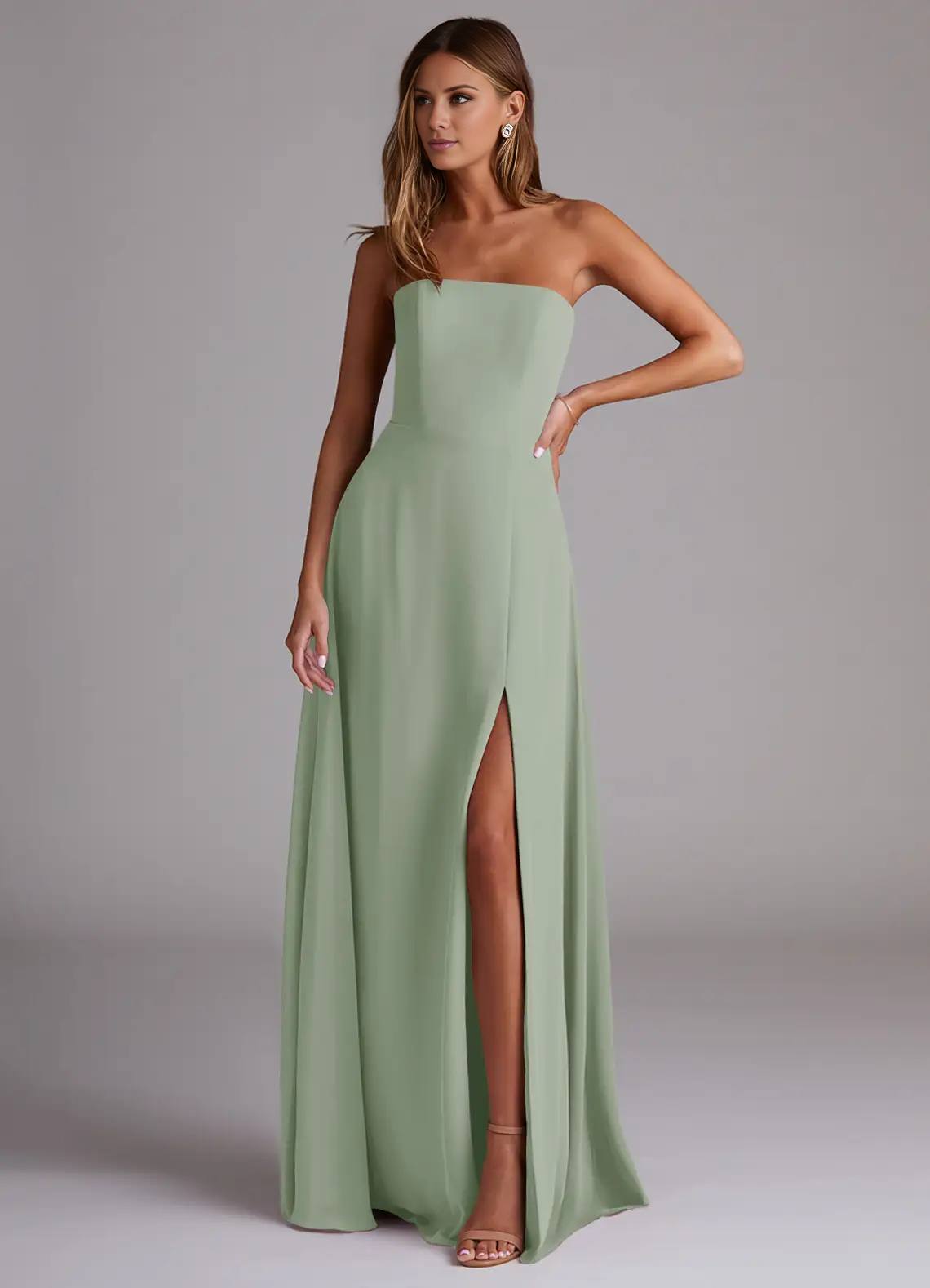 Vestido de dama de honor de corte A, de gasa con abertura lateral y largo hasta el suelo - Vestido Jimiss 