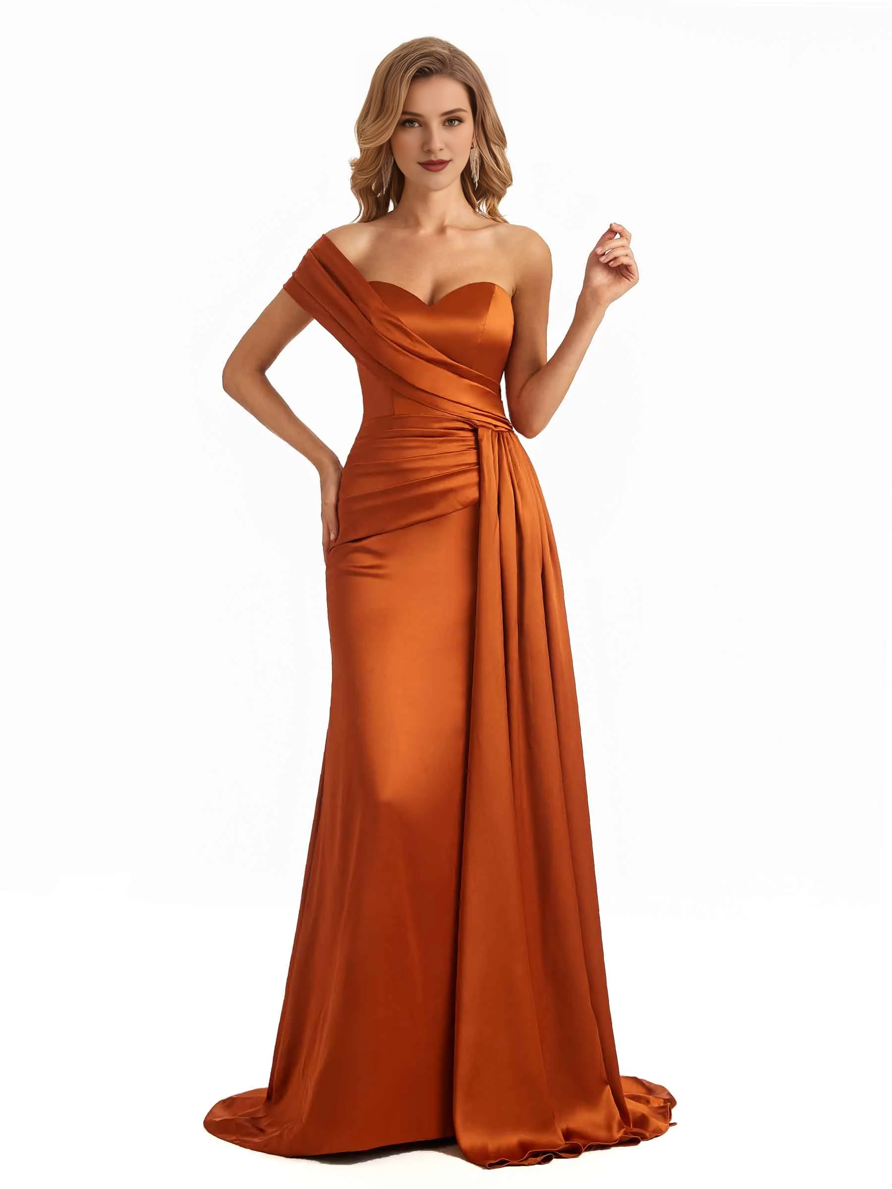 Elegant one shoulder soft satin long fish tail bridesmaid dress