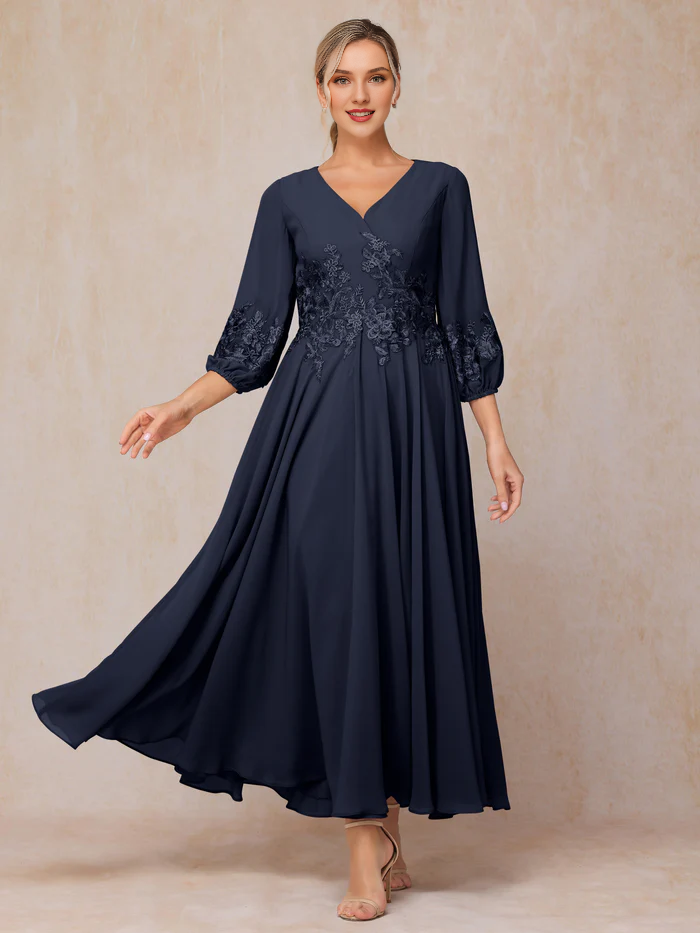 Burgundy Chiffon A-Line V-Neck Tea-Length Dress with Embroidered Bodice and Bishop Sleeves