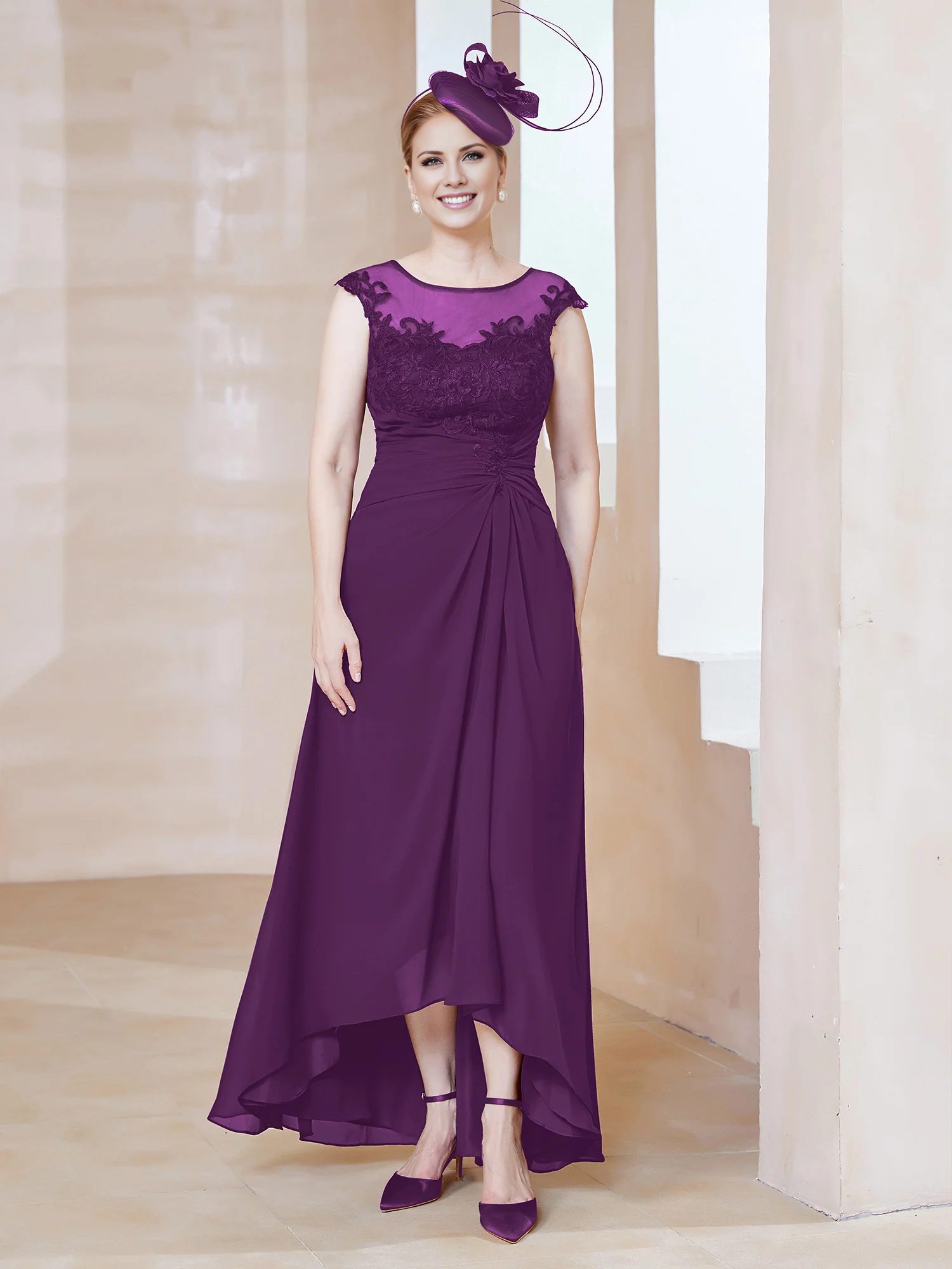 Burgundy Chiffon A-Line Asymmetrical Illusion Neck Dress with Lace Bodice