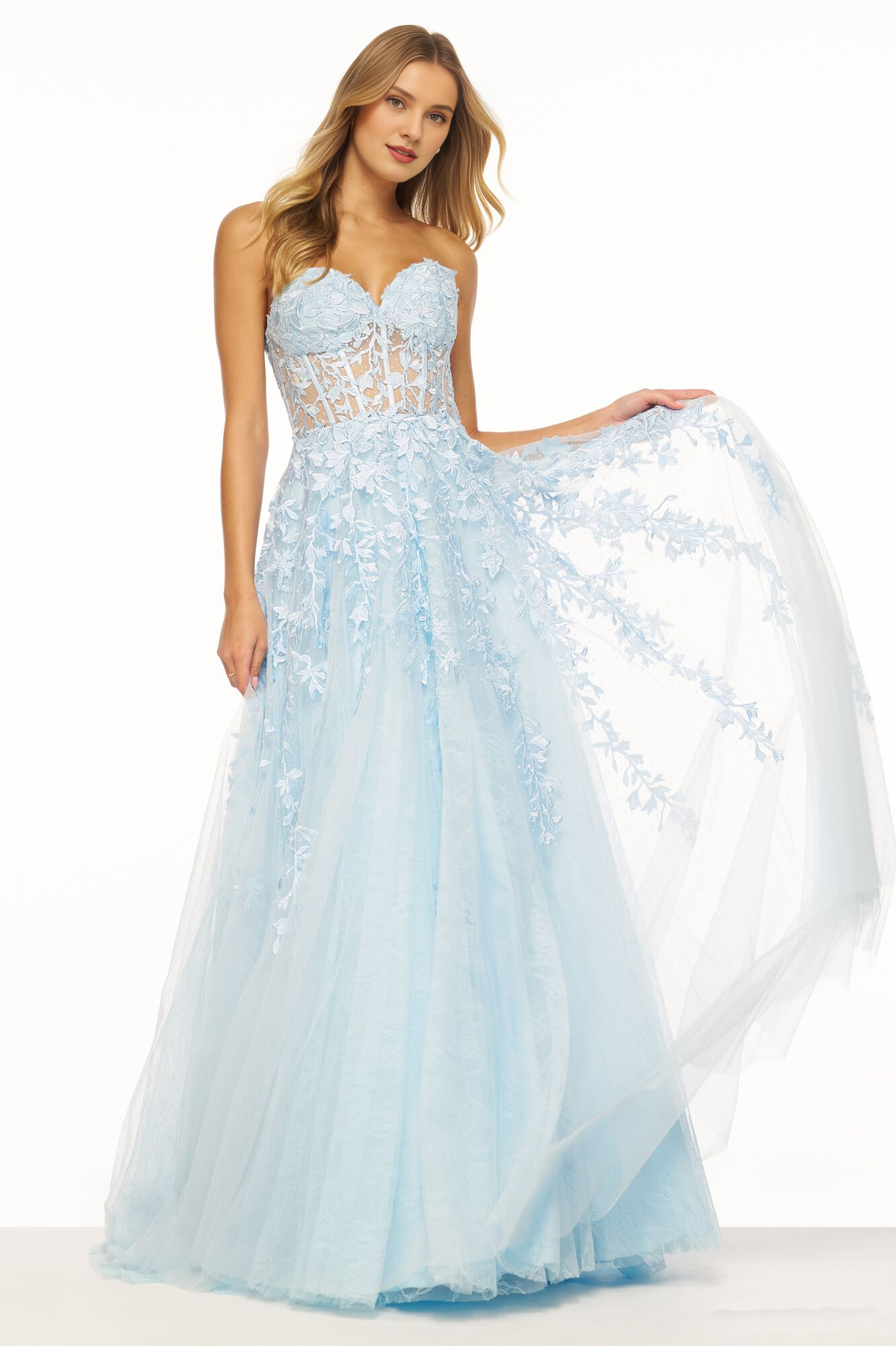 Vestido de fiesta con corsé ajustado transparente de corte A con bordado de encaje de hojas, cuello en forma de corazón y tira en la espalda