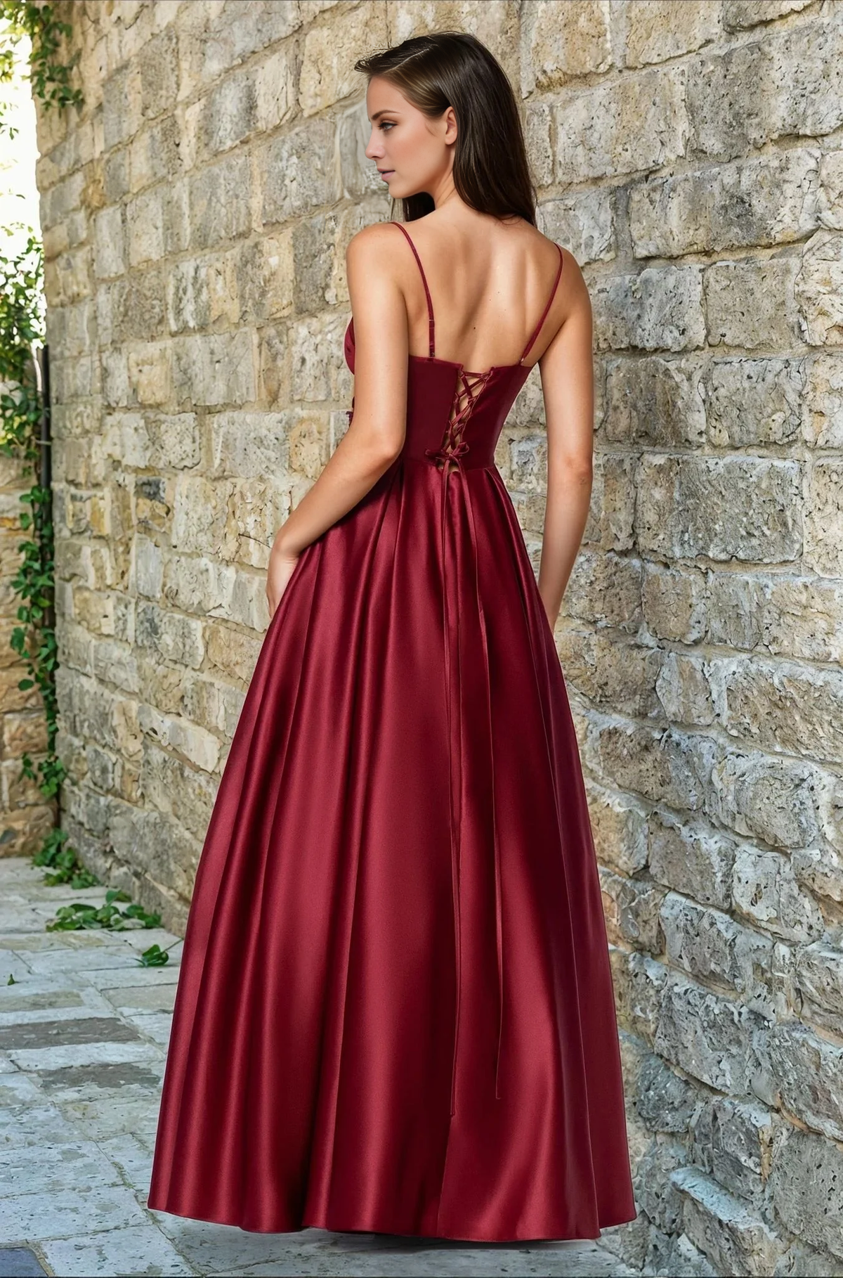 Vestido de noche Jimiss de corte A, escote en V, tirantes finos, espalda descubierta y largo hasta el suelo 